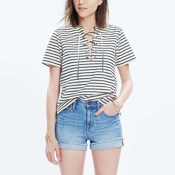 Madewell Tops - MADEWELL Creme/Navy Lace-up Striped Shirt Size XS